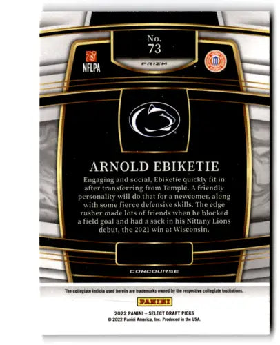 Football card back from Panini Select Draft Picks Red Lazer Prizm Arnold Ebiketie