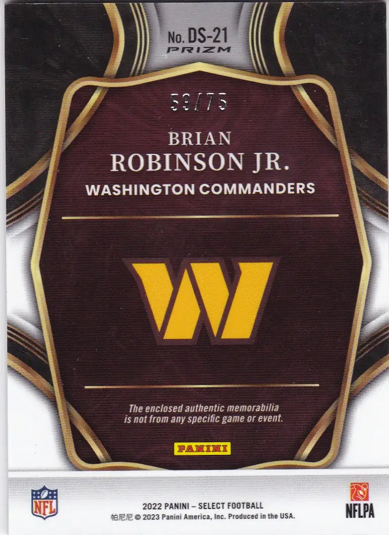 2022 Panini Select #DS-21 Brian Robinson Jr Draft Selections RC Patch Relic 59/75 - Football Card Single