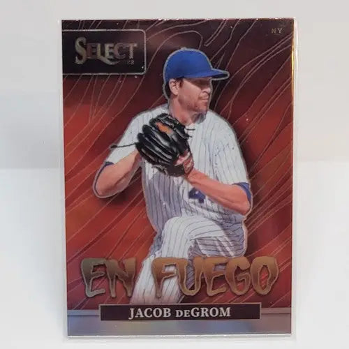 2022 Panini Select Jacob deGrom En Fuego Silver Prizm baseball trading card image