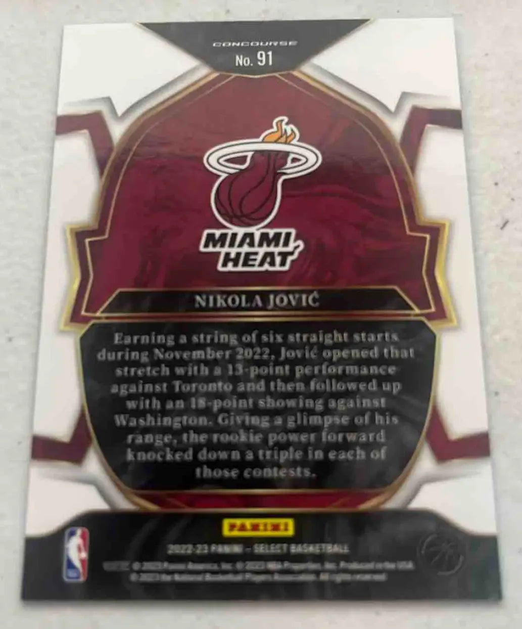 Back of a Nikola Jovic Miami Heat basketball trading card from 2022 Panini Select Nikola series