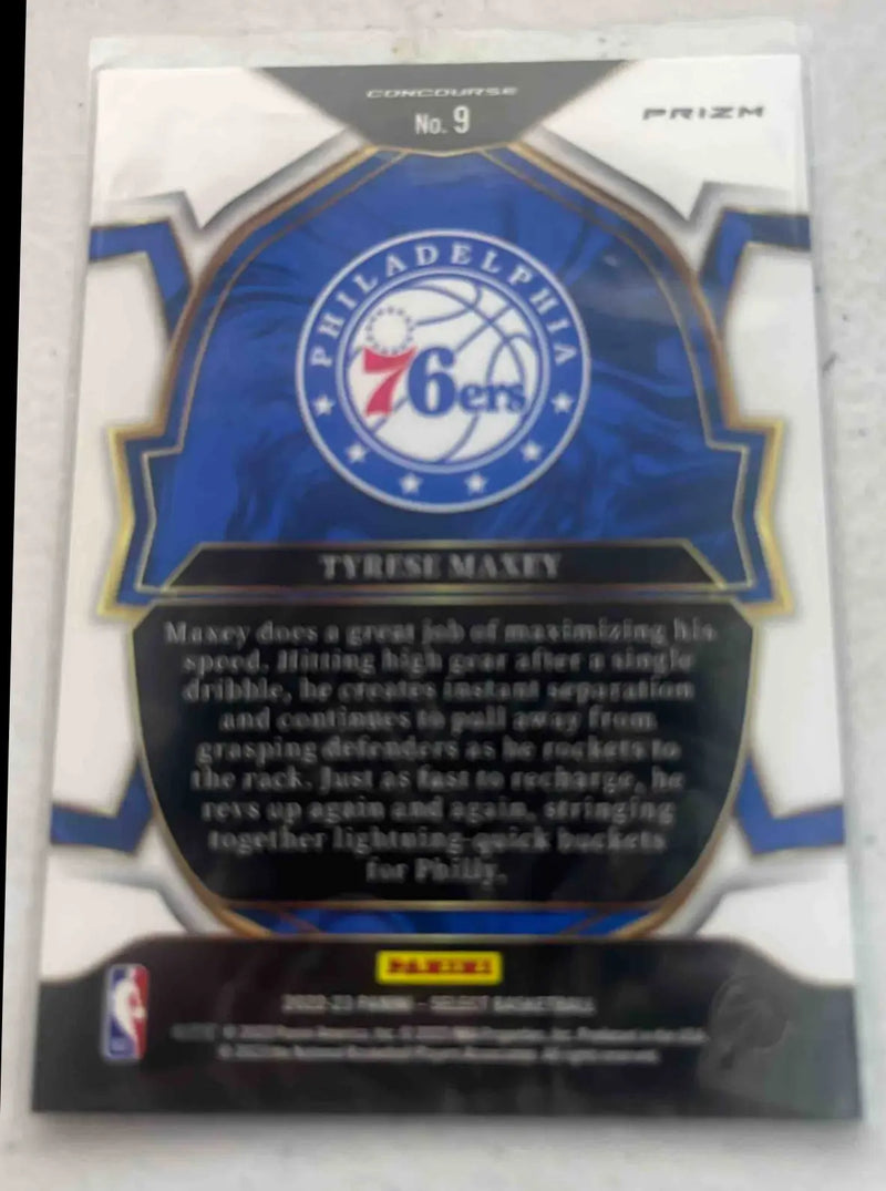 Back of 2022 Panini Select Tyrese Maxey Orange Flash Prizms #9 Concourse card