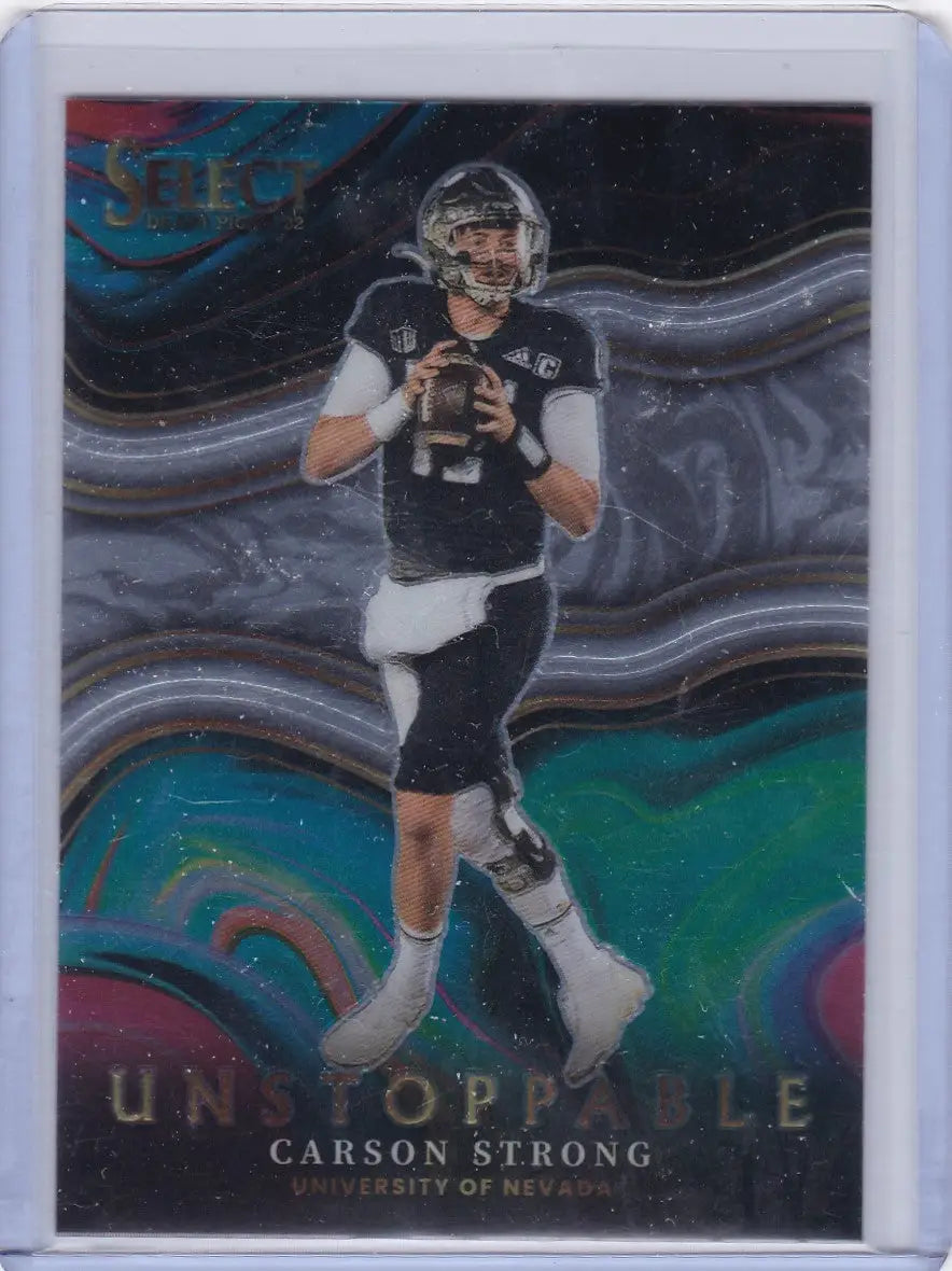 Football trading card of Carson Strong Unstoppable in black and white uniform