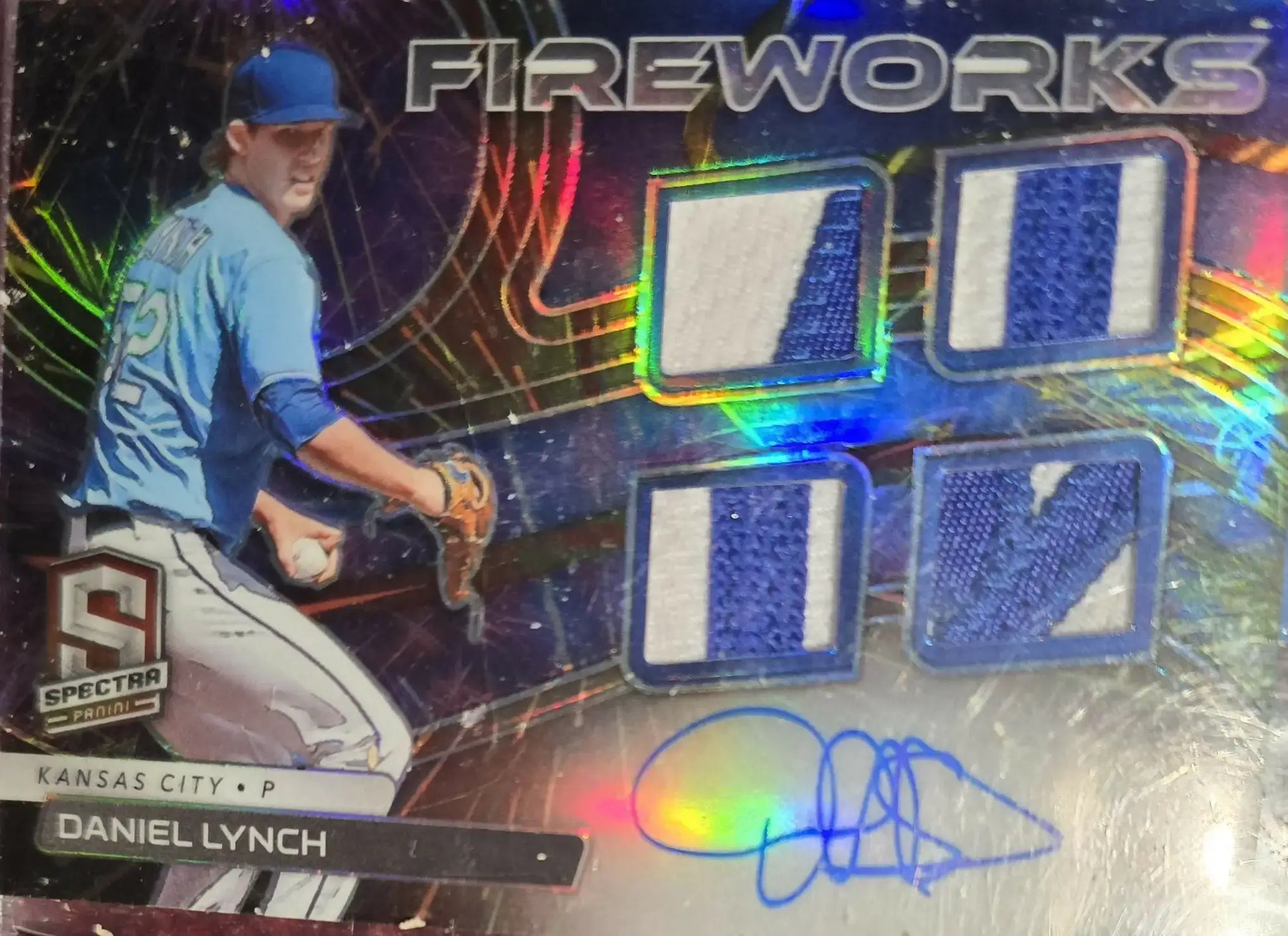 2022 PANINI SPECTRA FIREWORKS HOLO REFRACTOR SSP GAME USED QUAD PATCH AUTO 10/25 DANIEL LYNCH - Baseball Card Single