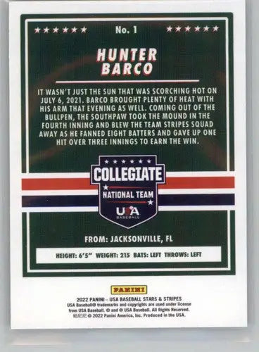 Hunter Barco baseball card from Panini Stars and Stripes Longevity retail edition