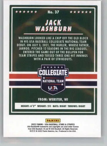 Baseball card back from 2022 Panini Stars and Stripes Longevity featuring Jack Washburn