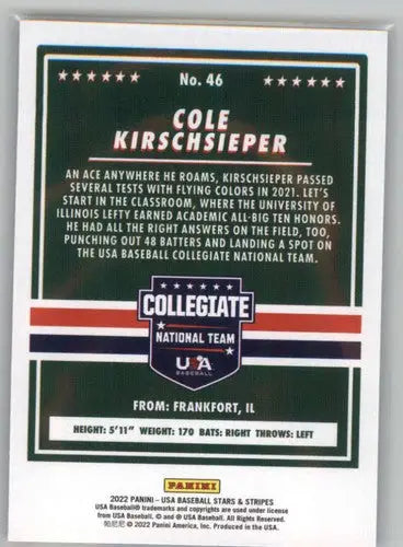 Baseball card back from 2022 Panini Stars and Stripes Longevity collection featuring Cole Kirschsieper