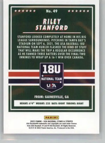 Baseball card back from Panini Stars Stripes Longevity featuring Riley Stanford NM-MT