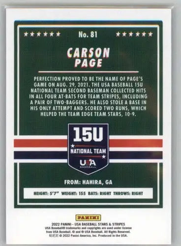 Carson Page baseball card from Panini Stars and Stripes Longevity 2022 retail series