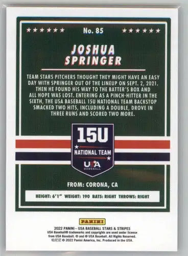 Joshua Springer baseball card from Panini Stars and Stripes Longevity retail set
