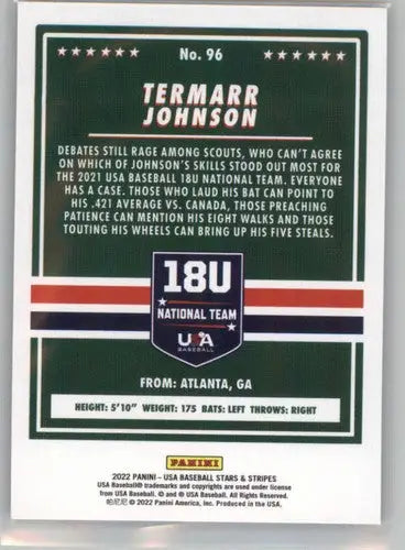 Termarr Johnson baseball card from 2022 Panini Stars and Stripes Longevity retail collection