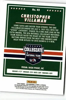 2022 Panini Stars & Stripes USA Baseball #45 Christopher Villaman Longevity - Baseball Card Single