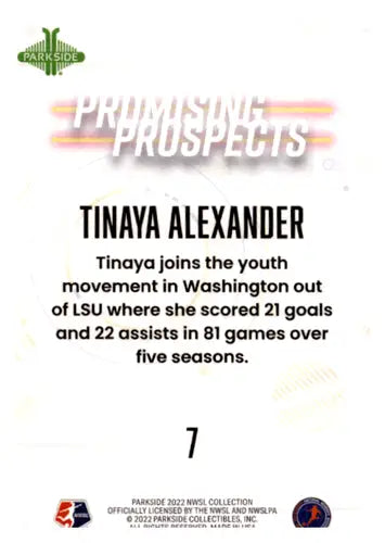 Tinaya Alexander NWSL promising prospects blue soccer card 2022 Parkside NM-MT