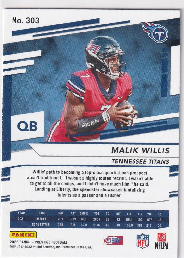 2022 PRESTIGE #303 MALIK WILLIS- TENNESSEE TITANS