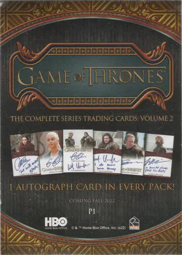 Game of Thrones trading card advertisement for 2022 Rittenhouse Game promo card P1