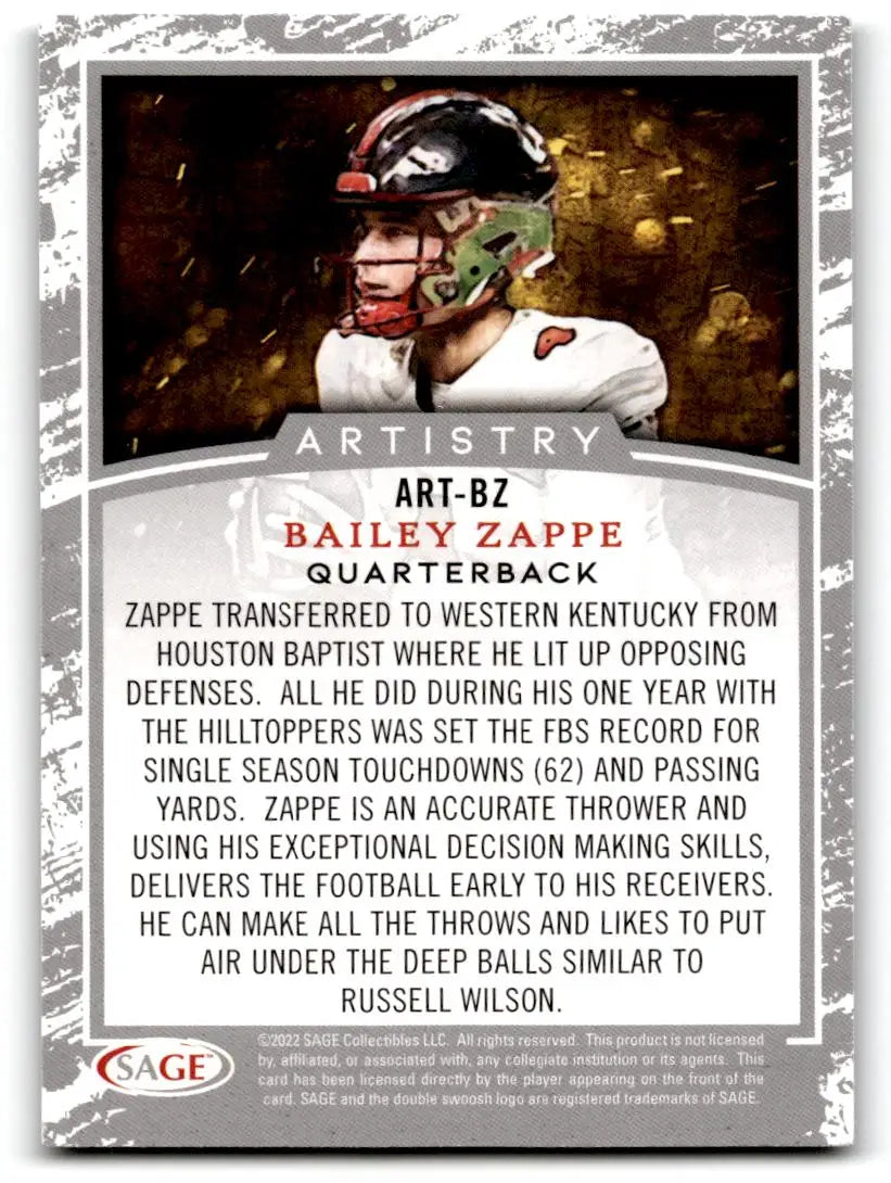 2022 SAGE #ART-BZ Bailey Zappe Artistry - Football Card Single
