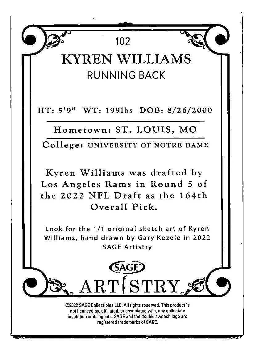 2022 SAGE Artistry #102 Kyren Williams - Football Card Single