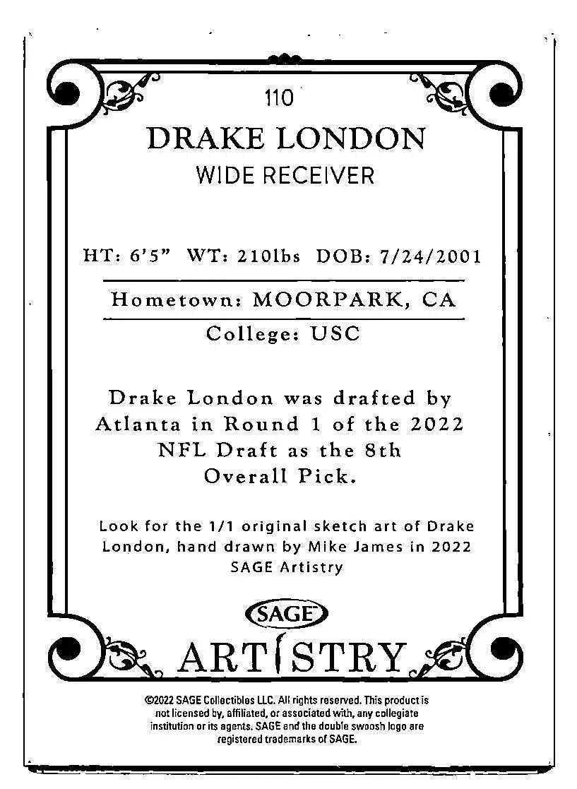 2022 SAGE Artistry #110 Drake London Silver - Football Card Single
