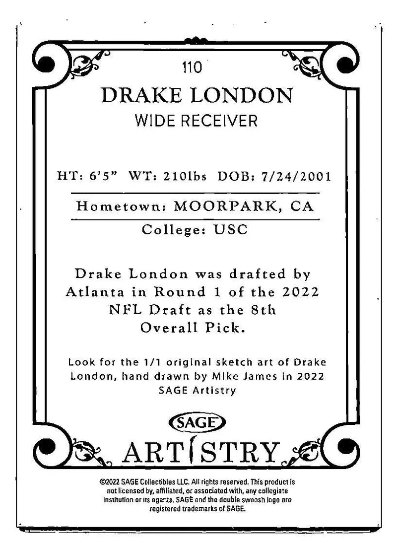 2022 SAGE Artistry #110 Drake London Silver - Football Card Single