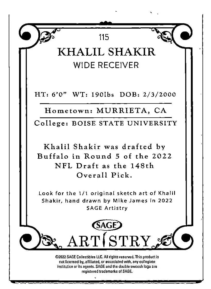 2022 SAGE Artistry #115 Khalil Shakir - Football Card Single