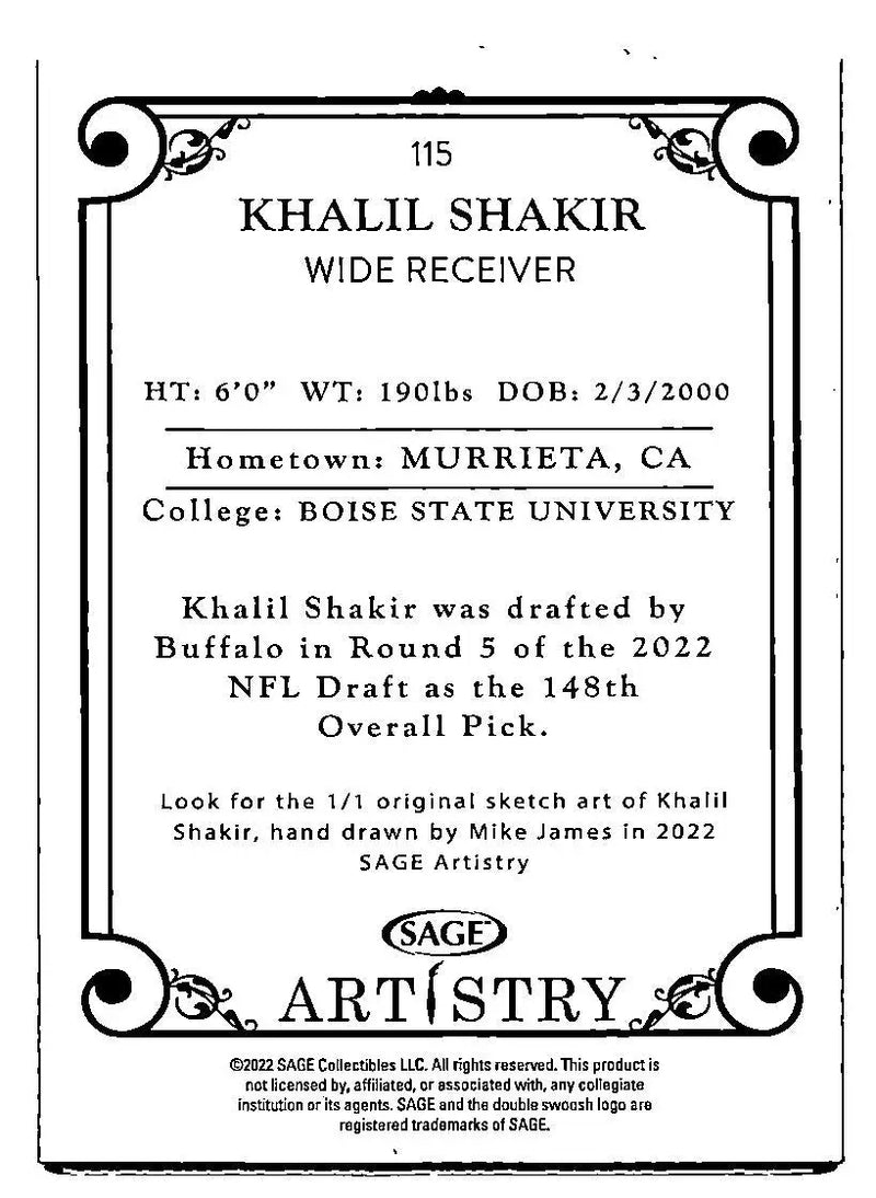2022 SAGE Artistry #115 Khalil Shakir - Football Card Single