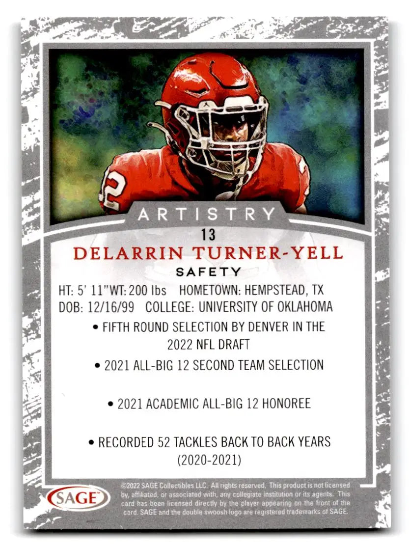 2022 SAGE Artistry #13 Delarrin Turner-Yell - Football Card Single