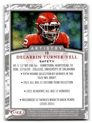 2022 SAGE Artistry #13 Delarrin Turner-Yell - Football Card Single