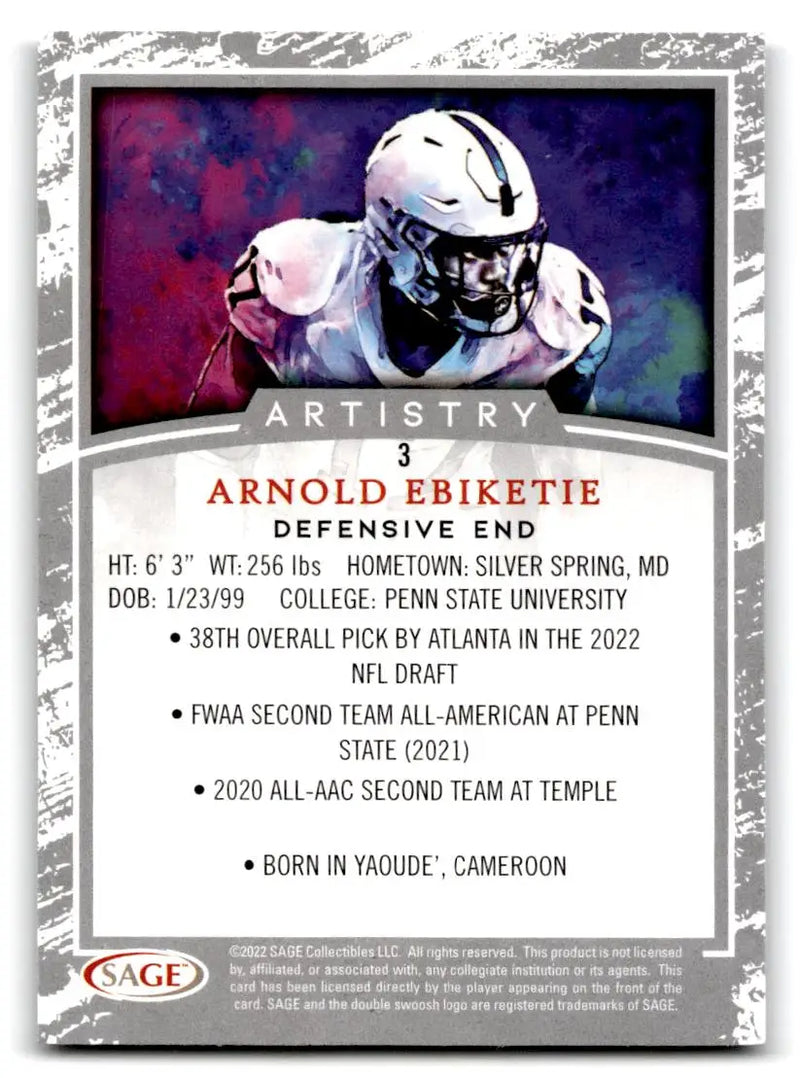 2022 SAGE Artistry #3 Arnold Ebiketie Silver - Football Card Single