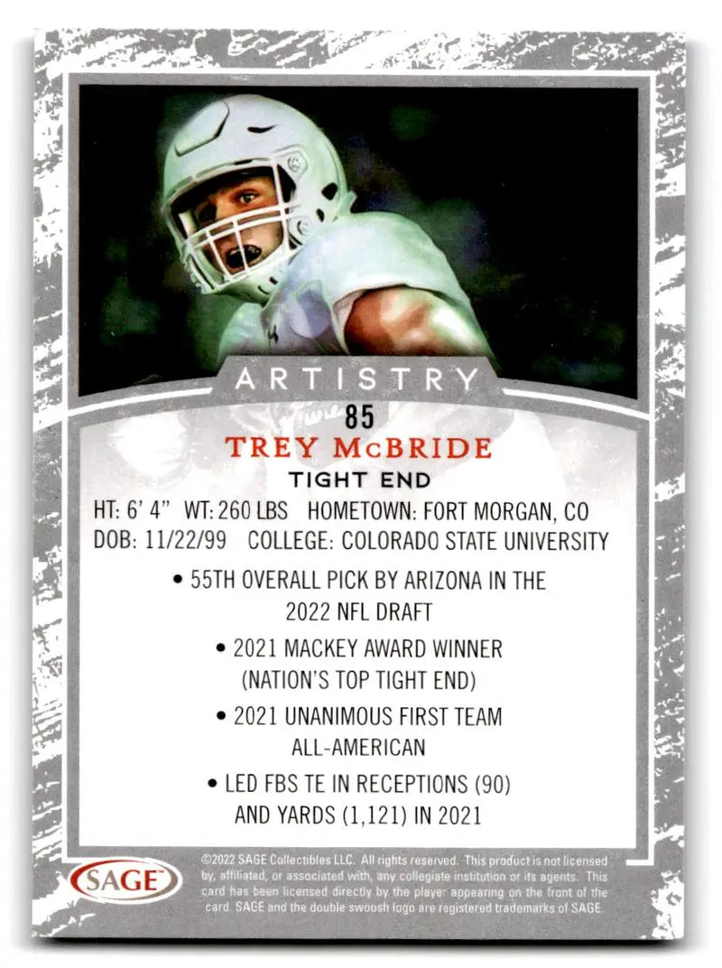 2022 SAGE Artistry #85 Trey McBride - Football Card Single
