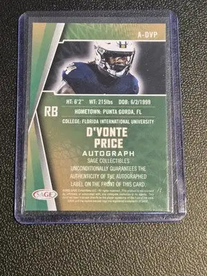 2022 SAGE Artistry #A-DVP D’Vonte Price Autographs Green - Football Card Single