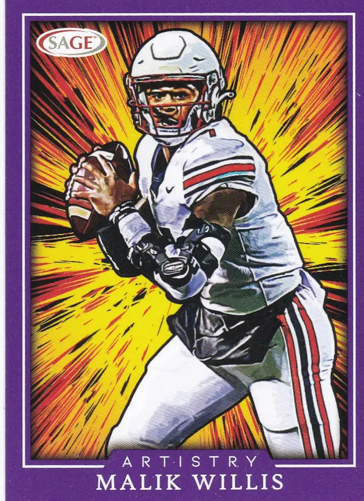 Malik Willis rookie in white uniform ready to pass with starburst background on Sage Artistry card