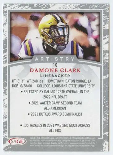 Damone Clark football card from 2022 SAGE Artistry Black Border series showing sage artistry black design