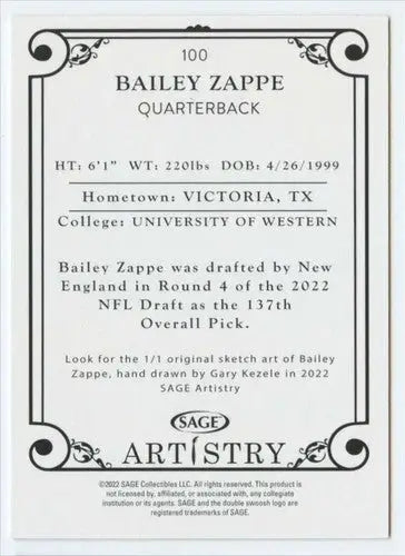Bailey Zappe football card from 2022 SAGE Artistry Black Border collection