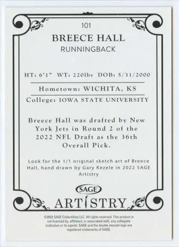 2022 SAGE Artistry Black Border Breece Hall football card in sage artistry black design