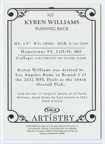 Kyren Williams football card from 2022 SAGE Artistry Black Border series