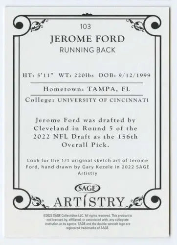 Jerome Ford football card from 2022 Sage Artistry Black Border collection