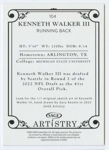 2022 SAGE Artistry Black Border #104 Kenneth Walker III NM-MT ID:56671 - Football Card Single
