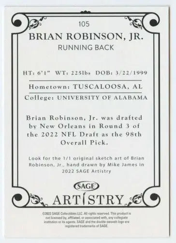 2022 SAGE Artistry Black Border Brian Robinson Jr. football card with original gloss