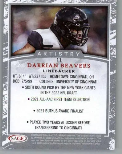 2022 SAGE Artistry Black Border #11 Darrian Beavers NM Near Mint ID:66157 - Football Card Single