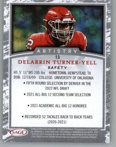 Delarrin Turner-Yell football card from 2022 SAGE Artistry Black Border collection