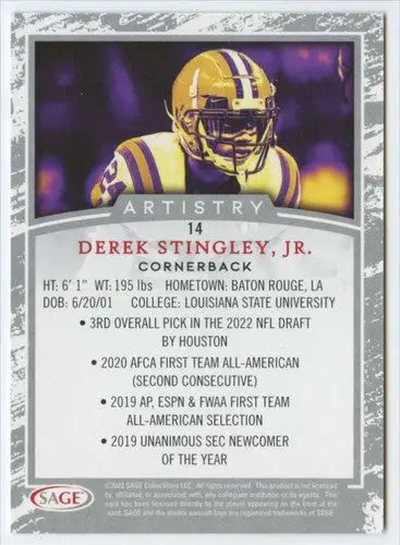 Derek Stingley Jr. football card from 2022 SAGE Artistry Black Border original gloss