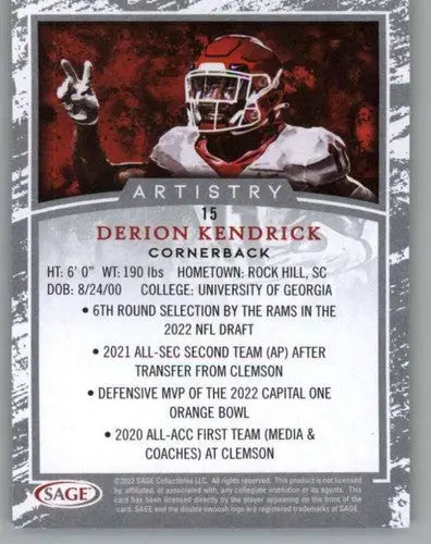 Sage Artistry Black Border Derion Kendrick football card from 2022 SAGE Artistry Black