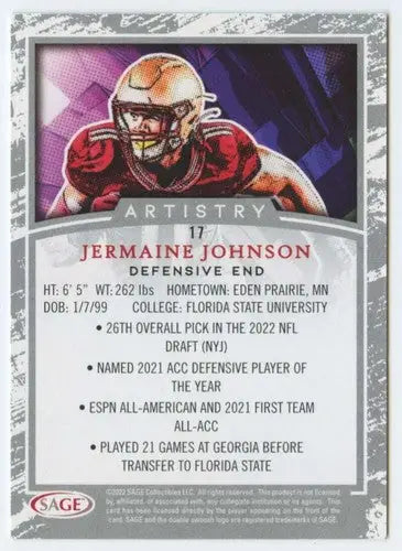 Jermaine Johnson football card with original gloss from Sage Artistry Black Border collection