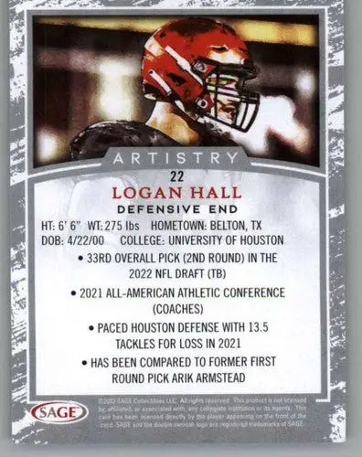 2022 SAGE Artistry Black Border #22 Logan Hall NM Near Mint ID:66164 - Football Card Single
