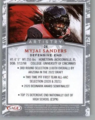 Myjai Sanders football card from 2022 SAGE Artistry Black Border collection