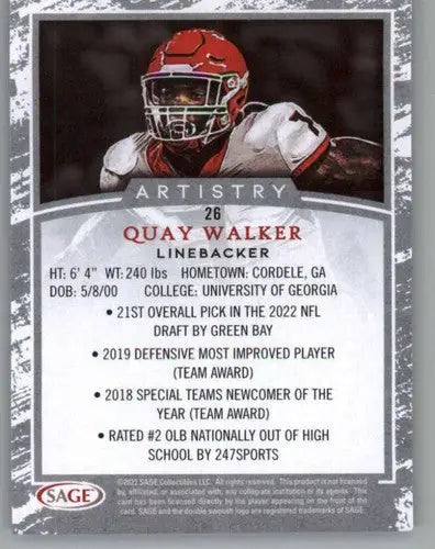 2022 Sage Artistry Black Border Quay Walker football card near mint ID66169