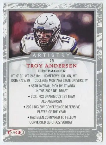 Sage Artistry Black border Troy Andersen football card 2022 SAGE Artistry Black Near Mint