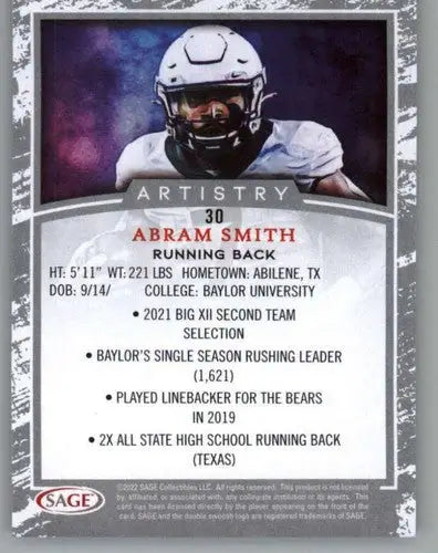 2022 SAGE Artistry Black Border #30 Abram Smith NM Near Mint ID:66172 - Football Card Single
