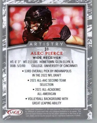 Alec Pierce football card from 2022 Sage Artistry Black Border collection