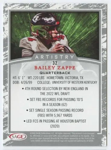 2022 SAGE Artistry Black Border #32 Bailey Zappe NM Near Mint ID:66175 - Football Card Single