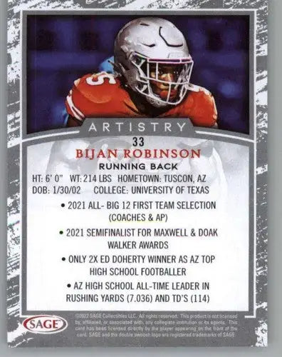 Bijan Robinson football card from 2022 SAGE Artistry Black Border collection